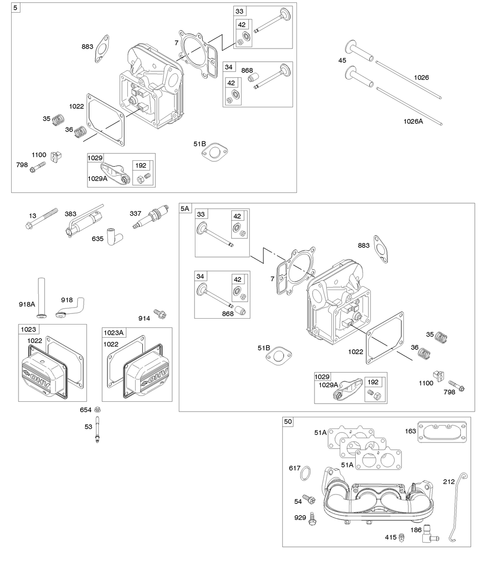 Cylinder Head, Rocker Arm Cover, Intake Manifold Diagram and Parts List for 44Q777-5046-G5 400000 - 699999 Briggs and Stratton Engine
